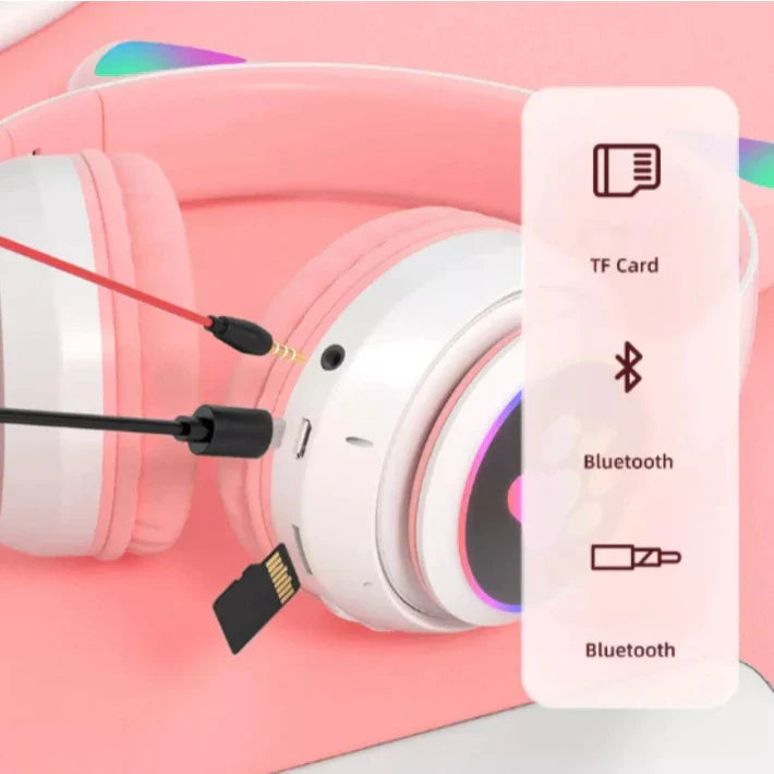 Fone de Ouvido Bluetooth Orelha de Gatinho Infantil LED