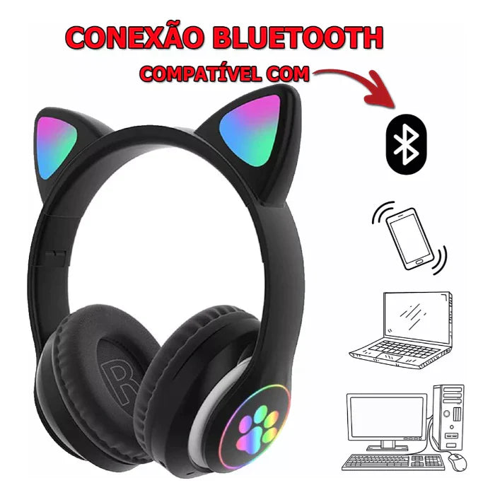 Fone de Ouvido Bluetooth Orelha de Gatinho Infantil LED