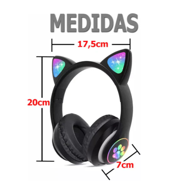 Fone de Ouvido Bluetooth Orelha de Gatinho Infantil LED
