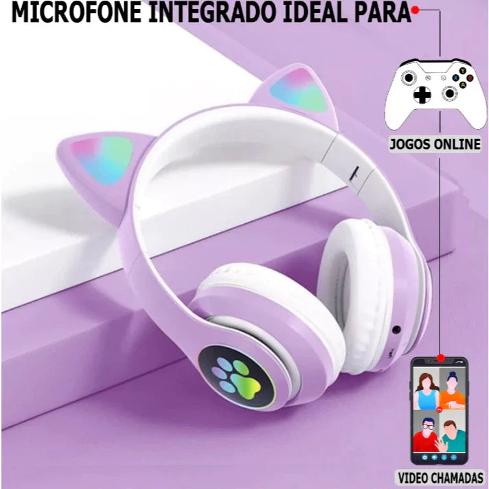 Fone de Ouvido Bluetooth Orelha de Gatinho Infantil LED