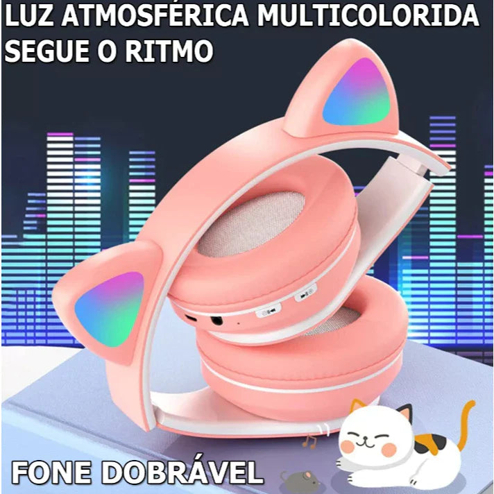Fone de Ouvido Bluetooth Orelha de Gatinho Infantil LED