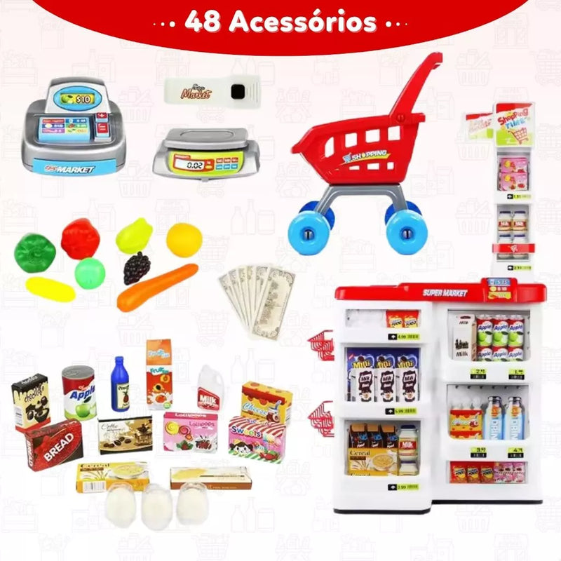 Mercadinho Infantil Caixa Registradora e Carrinho 48 peças