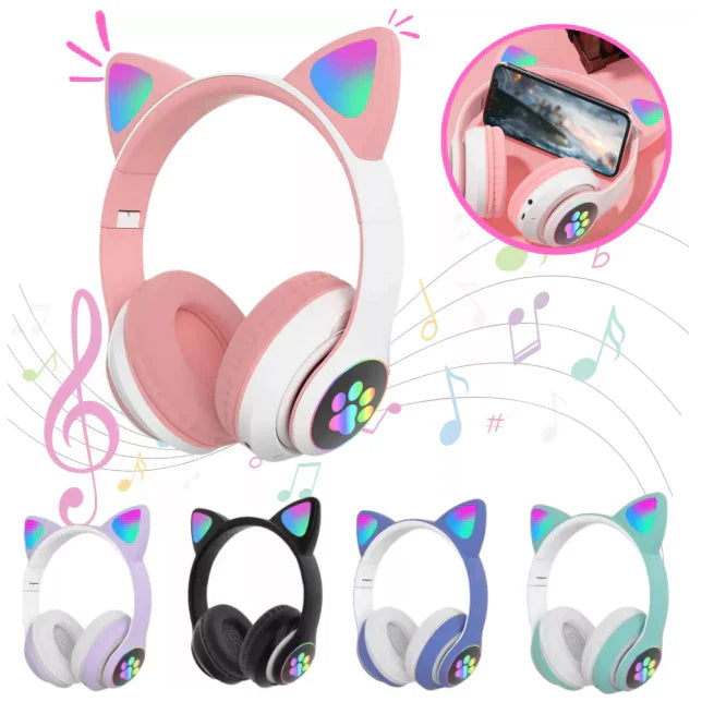 Fone de Ouvido Bluetooth Orelha de Gatinho Infantil LED
